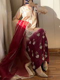 DESIRABLE FANCY PURE HEAVY CHINNON SILK REAL BIDS AND MOTI HAND WORK TOP AND PLAZO WITH DUPATTA