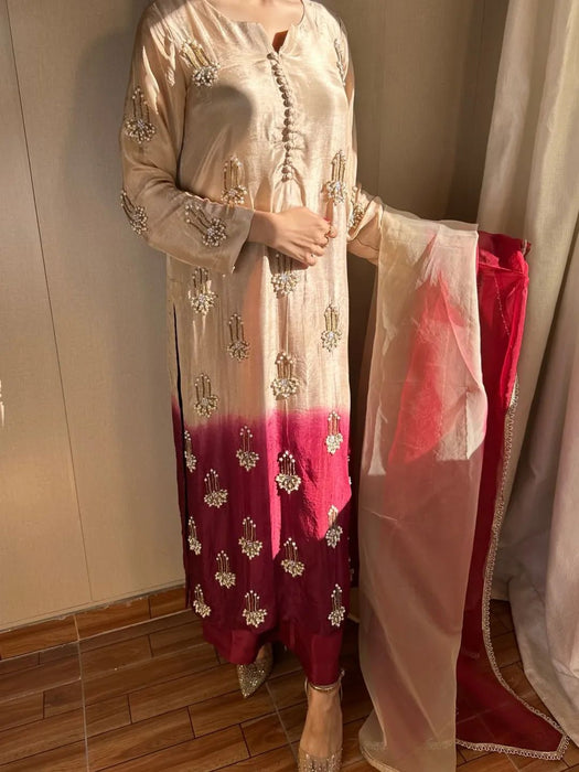 DESIRABLE FANCY PURE HEAVY CHINNON SILK REAL BIDS AND MOTI HAND WORK TOP AND PLAZO WITH DUPATTA