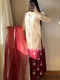 DESIRABLE FANCY PURE HEAVY CHINNON SILK REAL BIDS AND MOTI HAND WORK TOP AND PLAZO WITH DUPATTA