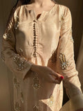 DESIRABLE FANCY PURE HEAVY CHINNON SILK REAL BIDS AND MOTI HAND WORK TOP AND PLAZO WITH DUPATTA