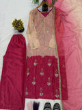DESIRABLE FANCY PURE HEAVY CHINNON SILK REAL BIDS AND MOTI HAND WORK TOP AND PLAZO WITH DUPATTA