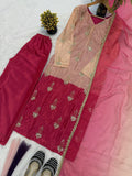 DESIRABLE FANCY PURE HEAVY CHINNON SILK REAL BIDS AND MOTI HAND WORK TOP AND PLAZO WITH DUPATTA