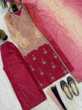 DESIRABLE FANCY PURE HEAVY CHINNON SILK REAL BIDS AND MOTI HAND WORK TOP AND PLAZO WITH DUPATTA