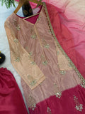 DESIRABLE FANCY PURE HEAVY CHINNON SILK REAL BIDS AND MOTI HAND WORK TOP AND PLAZO WITH DUPATTA