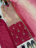DESIRABLE FANCY PURE HEAVY CHINNON SILK REAL BIDS AND MOTI HAND WORK TOP AND PLAZO WITH DUPATTA