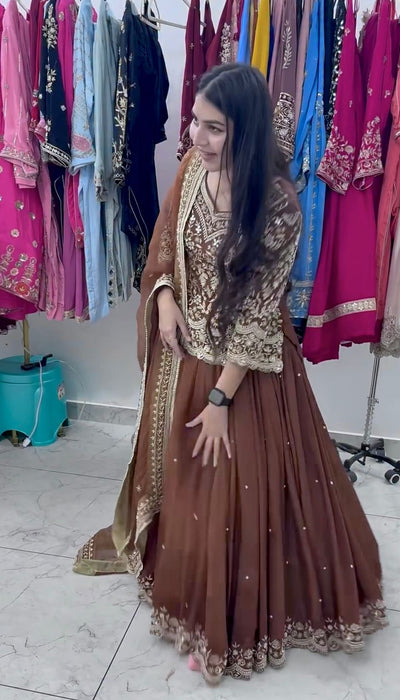 Party Wear Heavy Fox Georgette Top Lehenga And Dupatta Set With Heavy Embroidery Sequins Work