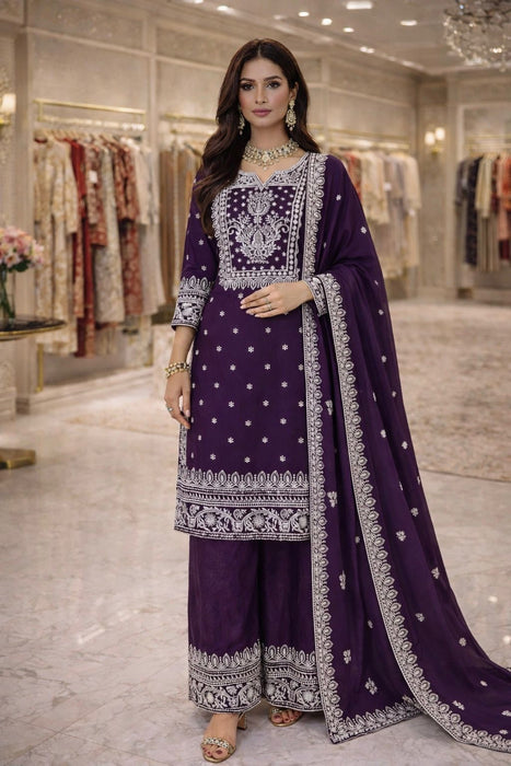 Designer Heavy Fandy Silk Plazzo Suit With Embroidery And Sequins Work