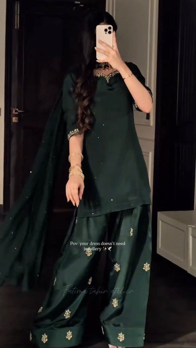 Heavy Natural Crep Silk With Diamond Hand Work With Sequence Multi Needle Embroidery Work Salwar Kameez