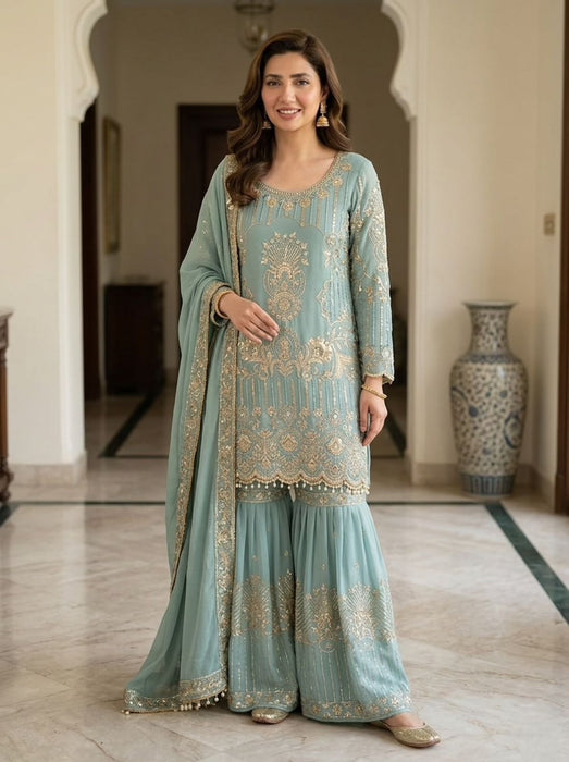 SEQUENCE EMBROIDERY WORKED TOP SARARA AND DUPATTA