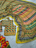 Premium Chinon Silk With Beautiful Print And With Beautiful Real Mirror Work Saree