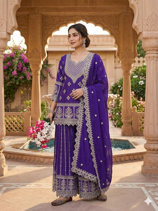 Heavy Chinnon Silk Material With 5mm Sequence Embroidery Work Top Sharara Plazzo and Dupatta