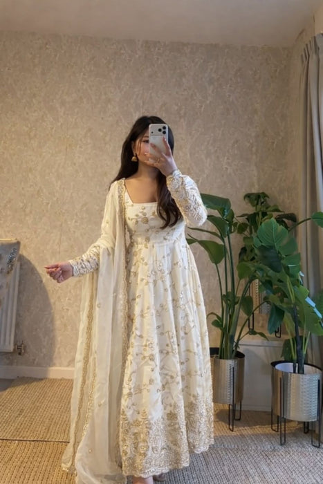 Latest Designer Fandy Silk Beautiful Anarkali Suit  With Embroidery  Sequins Work
