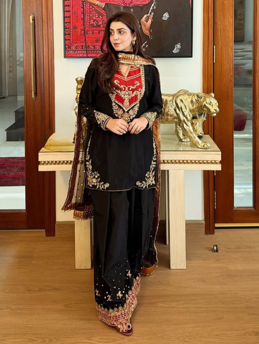 New Fancy Design Pakistani Top - Plazzo And Dupatta Set Fully Stitched