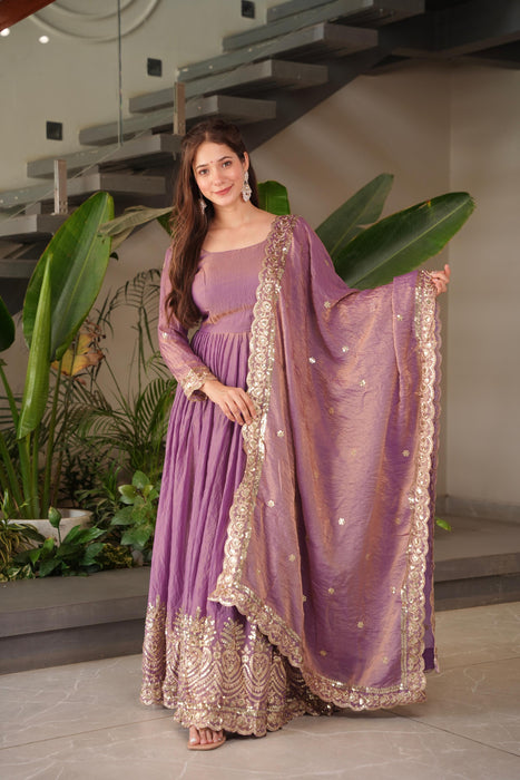 Designer Party Wear Fandy Silk Gown With Embroidery Sequins Work