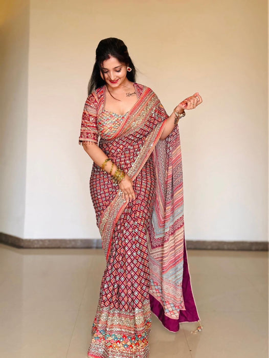 Soft Chinnon with beautiful print & Gold Zari work and Hand real mirror and diamond work Saree