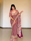 Soft Chinnon with beautiful print & Gold Zari work and Hand real mirror and diamond work Saree