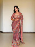 Soft Chinnon with beautiful print & Gold Zari work and Hand real mirror and diamond work Saree