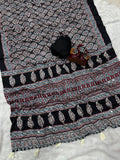 Soft crepe silk with Beautiful Ajarakh print with Real mirror work and beautiful tussle Saree