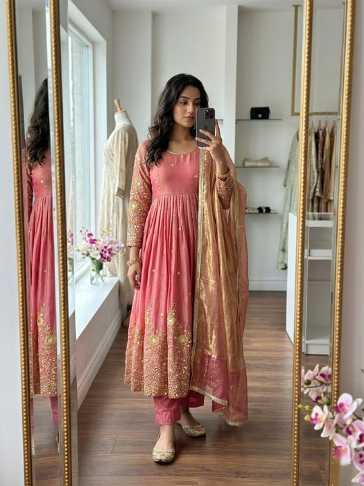 Pure Fendy Satin Silk With Embroidery 5mm Sequences Work Salwar Kameez