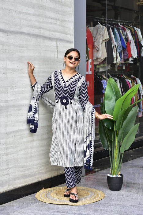 Elegant designer kurti set crafted in premium 60x60 soft cotton Kurta Pant Dupatta