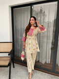 EXCLUSIVE & TRENDY CO-ORD SET WITH MIRROR AND SEQUENCE EMBROIDERED TOP AND PLAZZO