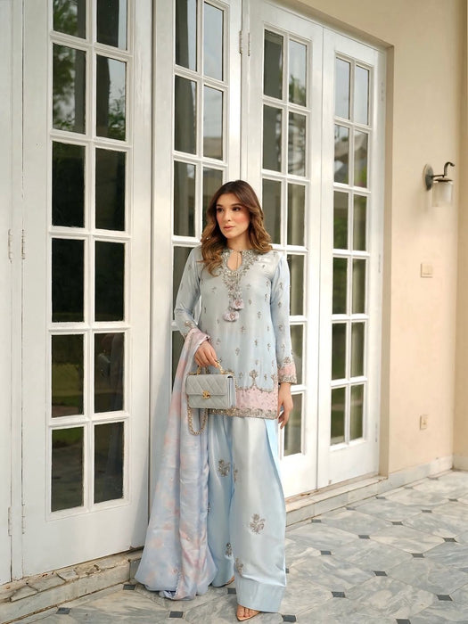 New Designer Party Wear Look Pure Japan Satin Top & Farshi Palazzo With Dupatta set