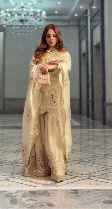 New Designer Pure Chinnon With Heavy Embroidery Coding Dori-Sequence Work Top-Bottom And Dupatta Set