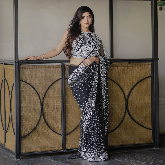Butterfly Soft Net Saree With Beautiful Embroidery, Sequins And Pearl Work