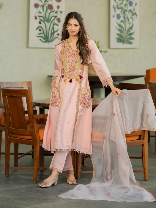 Heavy Pv Chanderi Cotton With Embroidery work Party Wear Kurati style with Pent and Dupatta