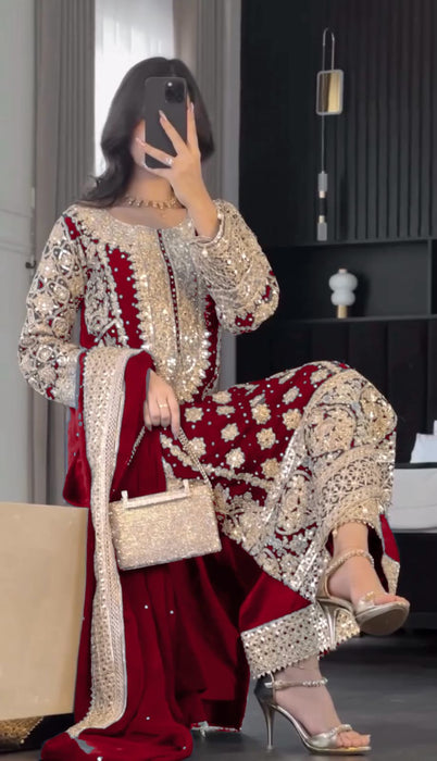 Designer Faux Georgette With Heavy Embroidery Sequence Work Top-Bottom And Dupatta Set