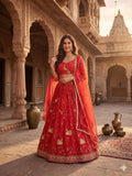 Beautiful Peacock Design Faux Georgette Lehenga Embellished With Beautiful Embroidery Work With Jari Work And Heavy  Sequins Work