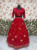 Beautiful Peacock Design Faux Georgette Lehenga Embellished With Beautiful Embroidery Work With Jari Work And Heavy  Sequins Work