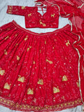 Beautiful Peacock Design Faux Georgette Lehenga Embellished With Beautiful Embroidery Work With Jari Work And Heavy  Sequins Work