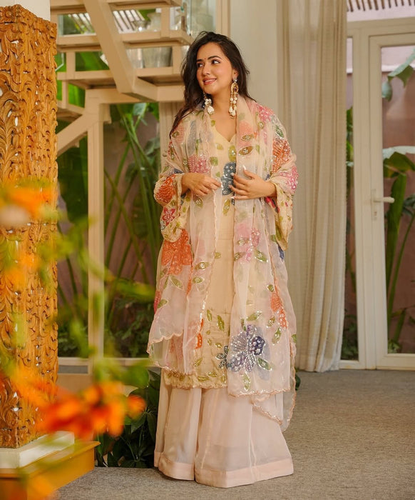 Tibby Organza Silk with Soft Micro Inner Lining & Brush Print With Intricate Sequence work Salwar Kameez