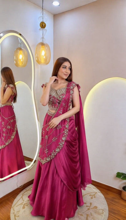 New Trending Lehenga Style Saree indo-Western With Blouse set With Embroidery Work