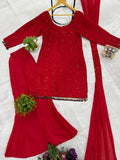 LATEST STYLISH  KURTI, PLAZZO & DUPATTA WITH ORIGINAL BEADS CUT DANA WORK