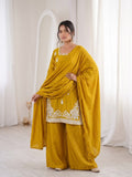 Designer Roman Silk Salwar Kameez With  Sequins And Embroidery Work