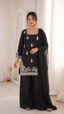 Designer Roman Silk Salwar Kameez With  Sequins And Embroidery Work