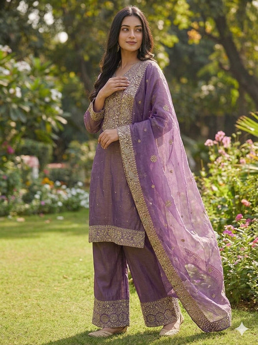 Designer Fendy Silk With Heavy Embroidery Sequence Work Top-Bottom And Dupatta Set