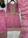 Designer Fendy Silk With Heavy Embroidery Sequence Work Top-Bottom And Dupatta Set