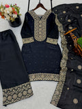 Designer Fendy Silk With Heavy Embroidery Sequence Work Top-Bottom And Dupatta Set