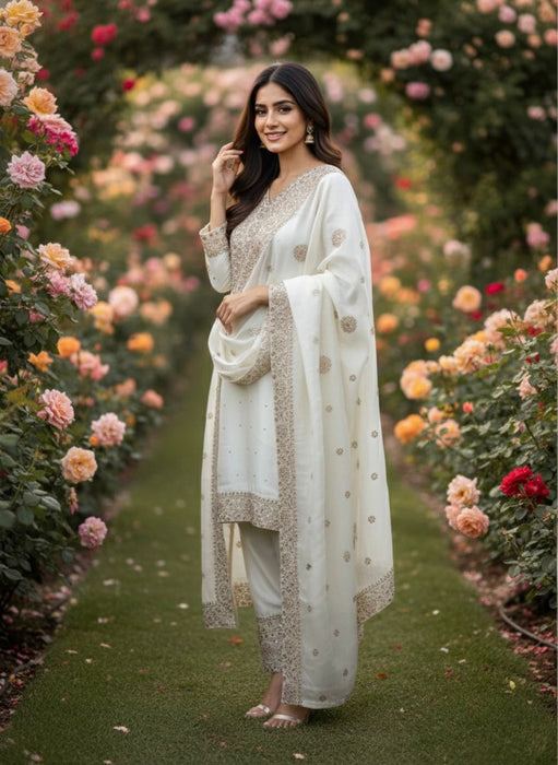 Designer Fendy Silk With Heavy Embroidery Sequence Work Top-Bottom And Dupatta Set