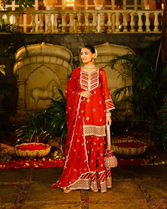 New Designer Fox Georgette with Embroidery Sequence Party Top Pallazo & Dupatta Set
