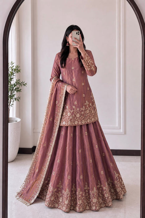 Designer Fandy Silk Heavy Embroidery Sequins Work Top Lehanga And Dupatta Set
