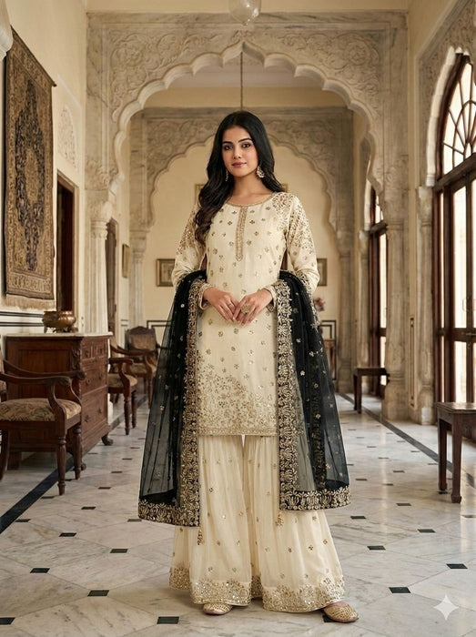 Latest Designer Pure Fendy Silk With Heavy Embroidery Sequence Work Top-Bottom And Dupatta Set
