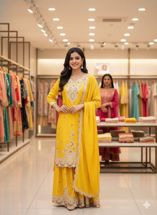 EXCLUSIVE AND TRENDY SEQUENCE EMBROIDERED TOP PLAZZO & DUPATTA