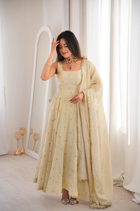 New Designer Cosmos Gold With Embroidery Work Gown And Dupatta Set