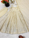 New Designer Cosmos Gold With Embroidery Work Gown And Dupatta Set