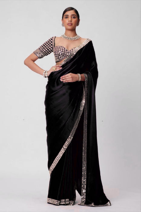 Lates French Crape Silk Saree With Beautiful Heavy Real Mirror Work