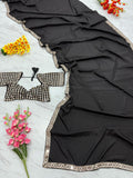 Lates French Crape Silk Saree With Beautiful Heavy Real Mirror Work